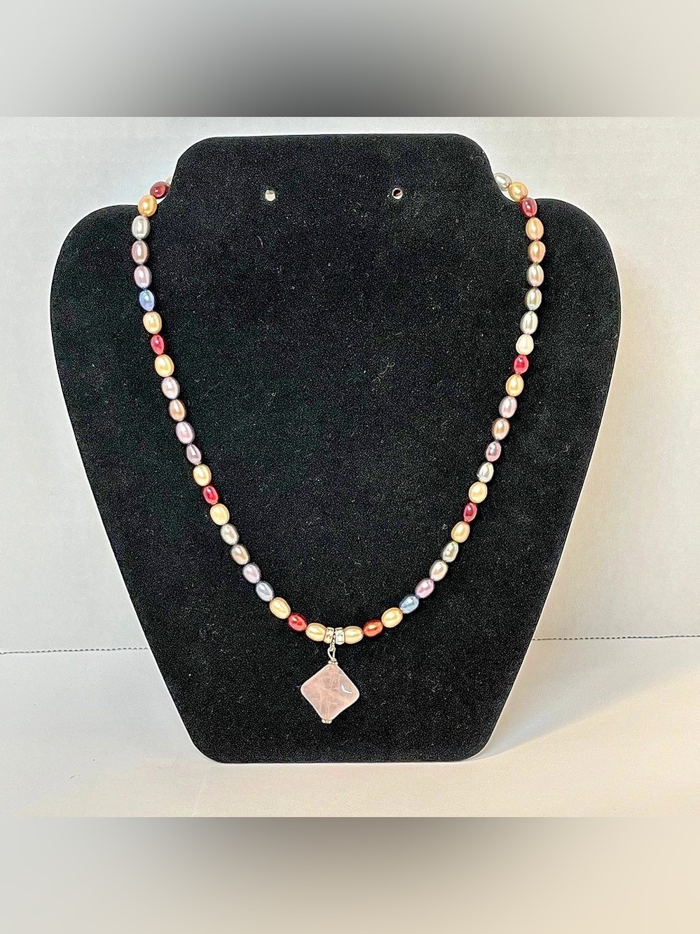 Multicolor Baroque Freshwater Pearl Necklace 18” Quartz Pendant 925 Clasp Estate